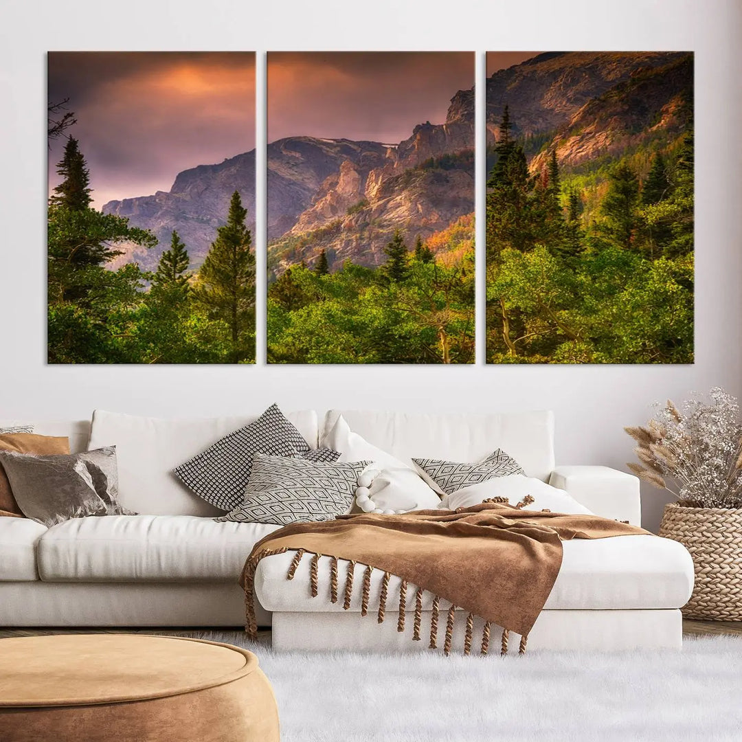 The wall art in the dining area is a stunning Colorado Rocky Mountains Wall Art Canvas Print. This triptych captures the breathtaking beauty of the mountains at sunset and comes ready to hang.