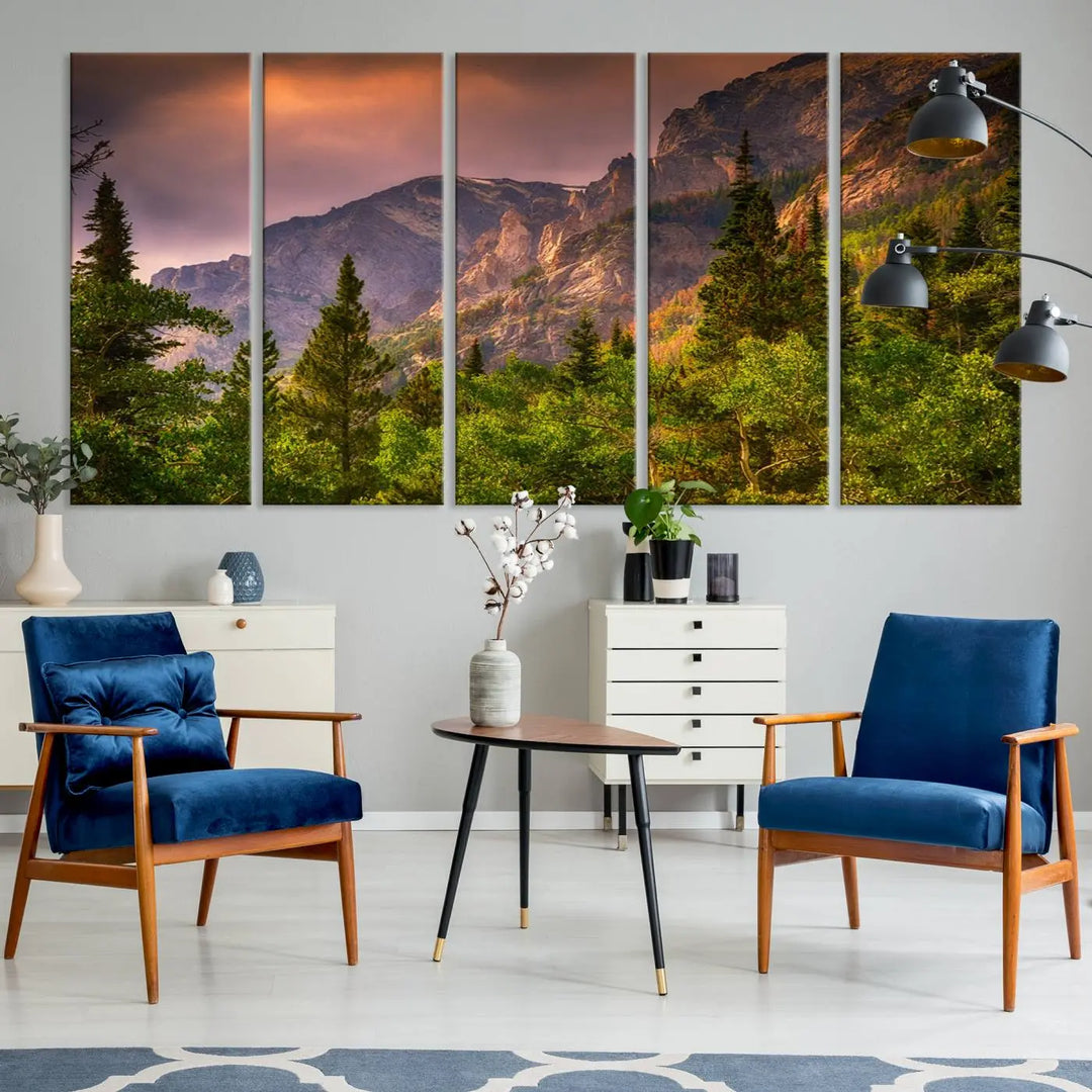 The wall art in the dining area is a stunning Colorado Rocky Mountains Wall Art Canvas Print. This triptych captures the breathtaking beauty of the mountains at sunset and comes ready to hang.