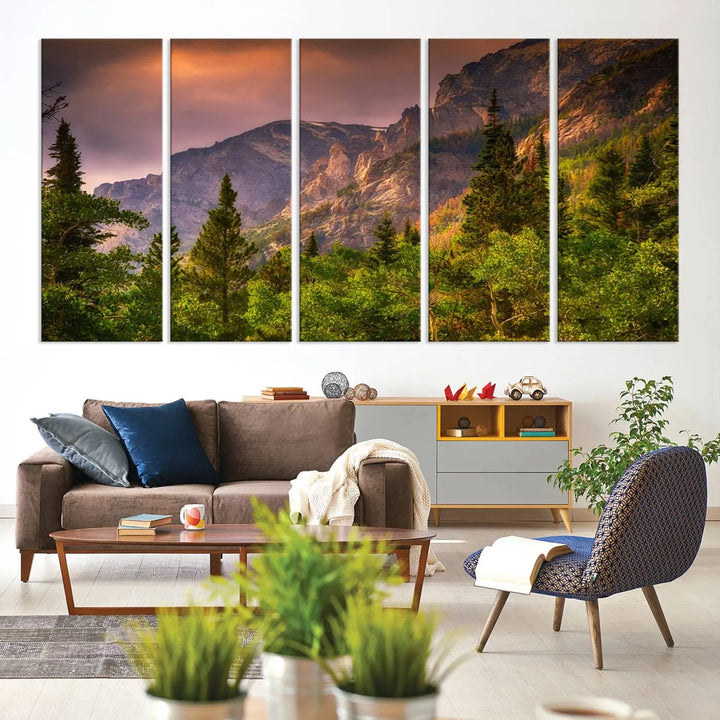 The wall art in the dining area is a stunning Colorado Rocky Mountains Wall Art Canvas Print. This triptych captures the breathtaking beauty of the mountains at sunset and comes ready to hang.