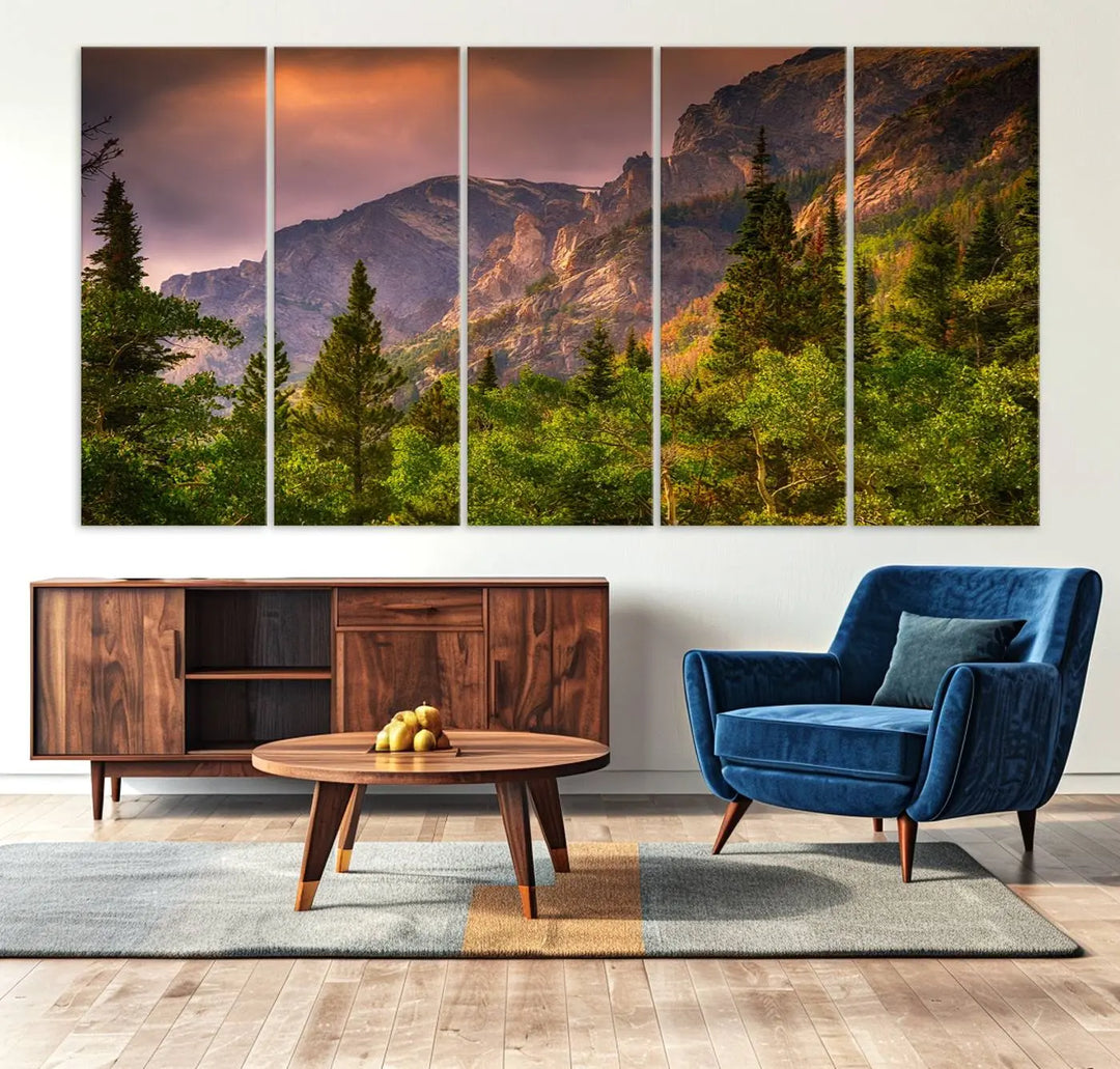 The wall art in the dining area is a stunning Colorado Rocky Mountains Wall Art Canvas Print. This triptych captures the breathtaking beauty of the mountains at sunset and comes ready to hang.