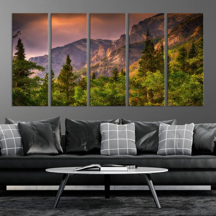 The wall art in the dining area is a stunning Colorado Rocky Mountains Wall Art Canvas Print. This triptych captures the breathtaking beauty of the mountains at sunset and comes ready to hang.