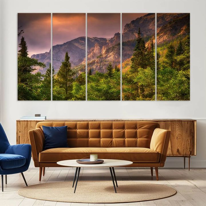 The wall art in the dining area is a stunning Colorado Rocky Mountains Wall Art Canvas Print. This triptych captures the breathtaking beauty of the mountains at sunset and comes ready to hang.