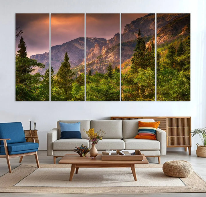 The wall art in the dining area is a stunning Colorado Rocky Mountains Wall Art Canvas Print. This triptych captures the breathtaking beauty of the mountains at sunset and comes ready to hang.