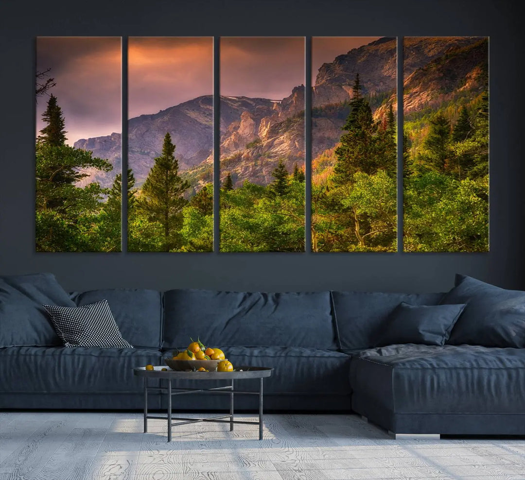 The wall art in the dining area is a stunning Colorado Rocky Mountains Wall Art Canvas Print. This triptych captures the breathtaking beauty of the mountains at sunset and comes ready to hang.