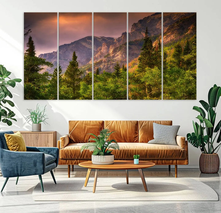 The wall art in the dining area is a stunning Colorado Rocky Mountains Wall Art Canvas Print. This triptych captures the breathtaking beauty of the mountains at sunset and comes ready to hang.