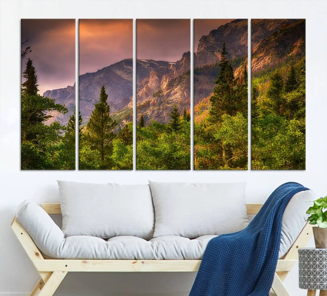 The wall art in the dining area is a stunning Colorado Rocky Mountains Wall Art Canvas Print. This triptych captures the breathtaking beauty of the mountains at sunset and comes ready to hang.