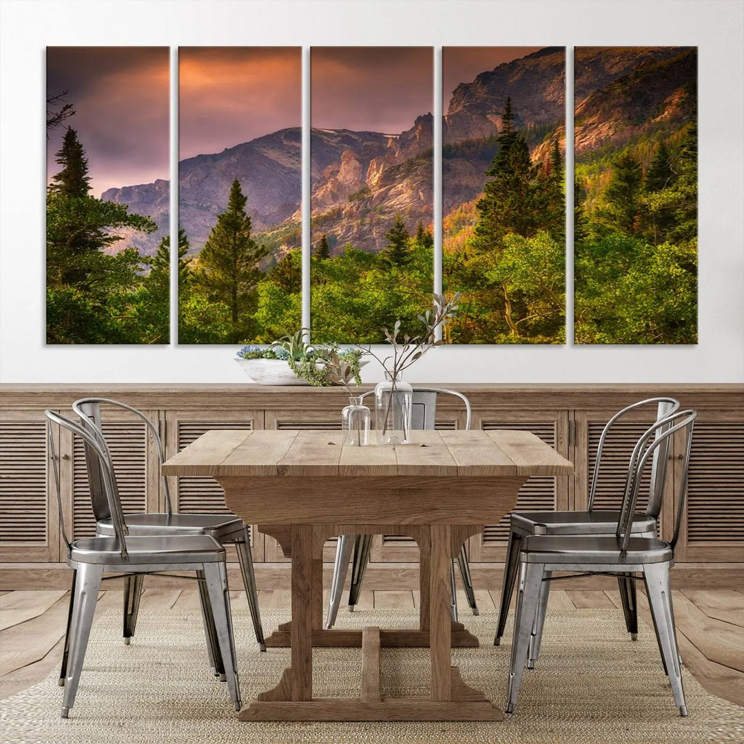 The wall art in the dining area is a stunning Colorado Rocky Mountains Wall Art Canvas Print. This triptych captures the breathtaking beauty of the mountains at sunset and comes ready to hang.