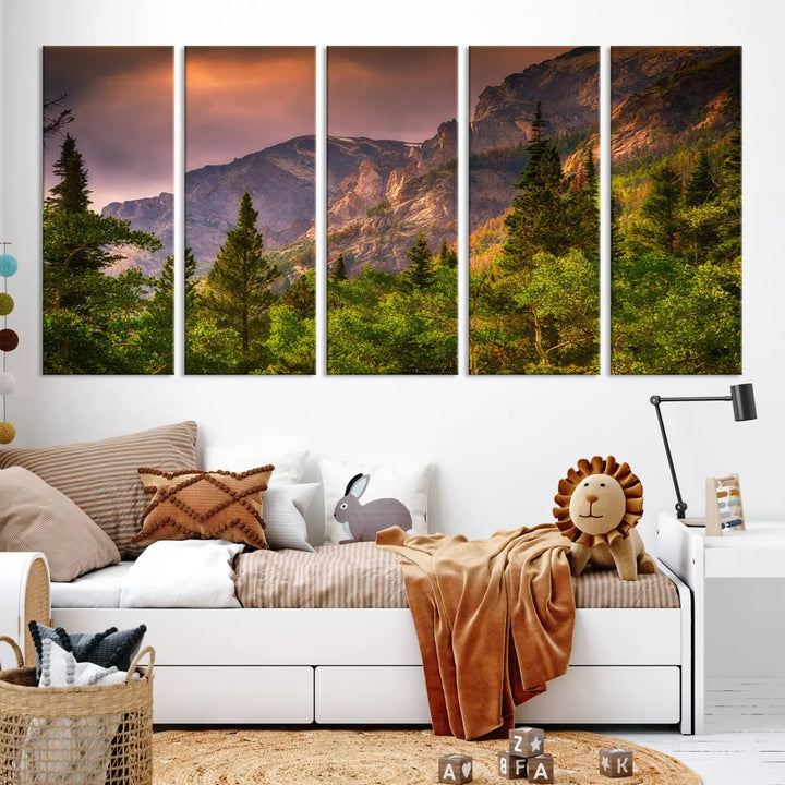 The wall art in the dining area is a stunning Colorado Rocky Mountains Wall Art Canvas Print. This triptych captures the breathtaking beauty of the mountains at sunset and comes ready to hang.