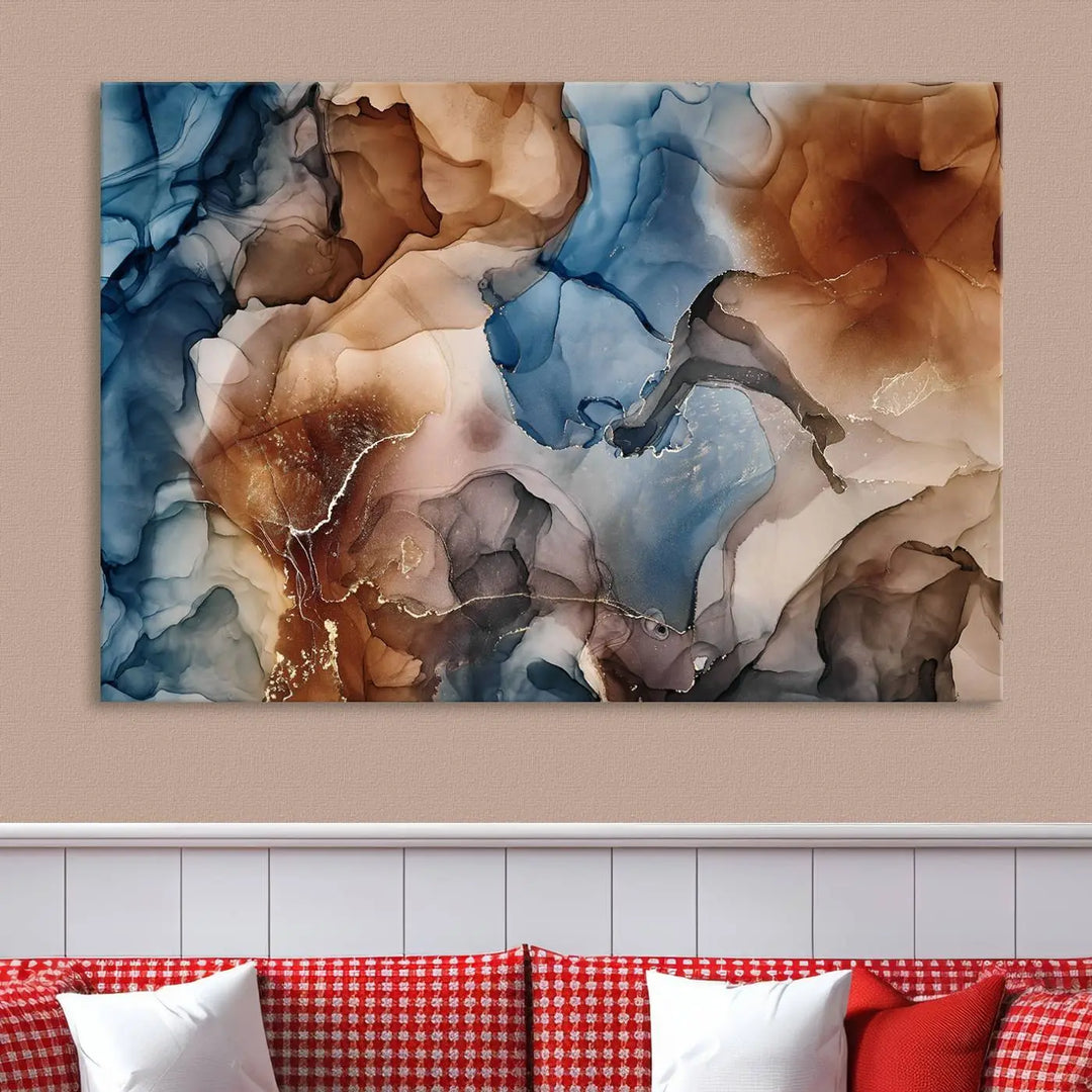 The "Colorful Abstract Clouds Canvas Wall Art Print," featuring an earthy and blue-toned color palette, hangs against a dark wall.