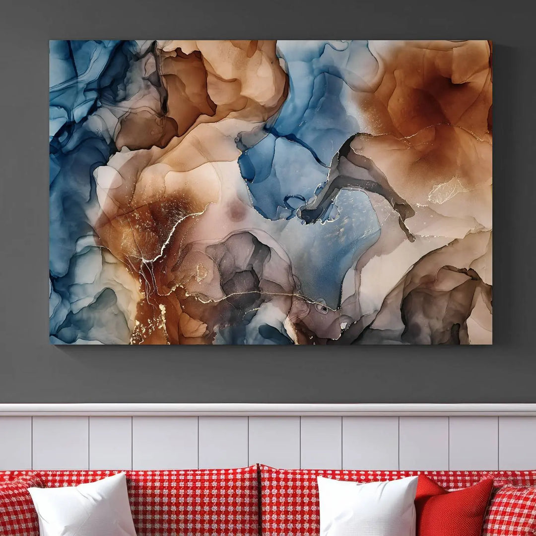 The "Colorful Abstract Clouds Canvas Wall Art Print," featuring an earthy and blue-toned color palette, hangs against a dark wall.