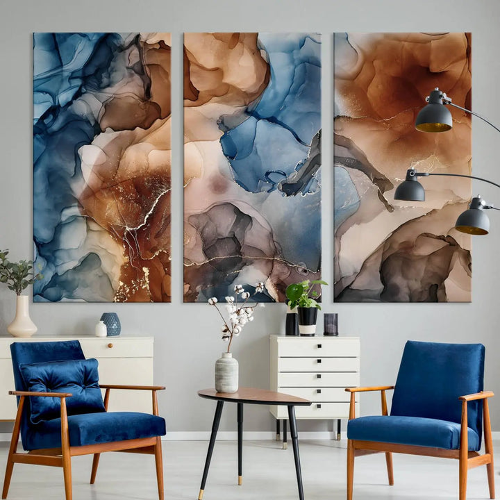 The "Colorful Abstract Clouds Canvas Wall Art Print," featuring an earthy and blue-toned color palette, hangs against a dark wall.