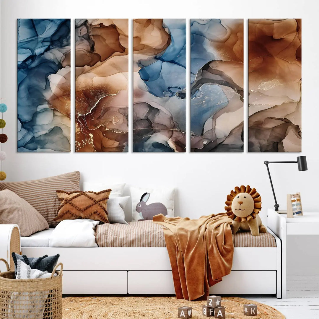 The "Colorful Abstract Clouds Canvas Wall Art Print," featuring an earthy and blue-toned color palette, hangs against a dark wall.