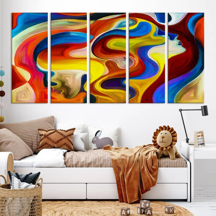 The Colorful Abstract Human Figure Wall Art Canvas Print, featuring overlapping human profiles on museum-quality canvas, is exhibited as a triptych.