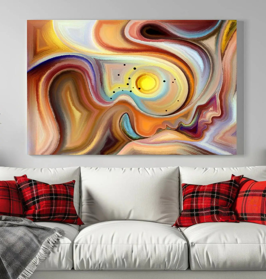 The "Colorful Abstract Human Figures Wall Art Canvas Print" features a triptych design with swirling colors in yellow, brown, and orange tones on gallery-wrapped, museum-quality canvases.