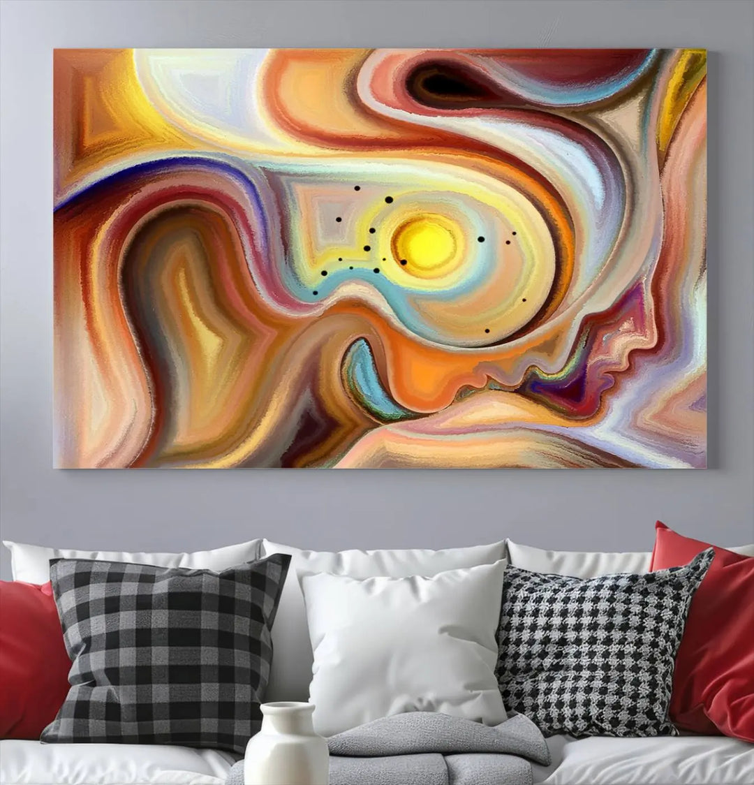 The "Colorful Abstract Human Figures Wall Art Canvas Print" features a triptych design with swirling colors in yellow, brown, and orange tones on gallery-wrapped, museum-quality canvases.