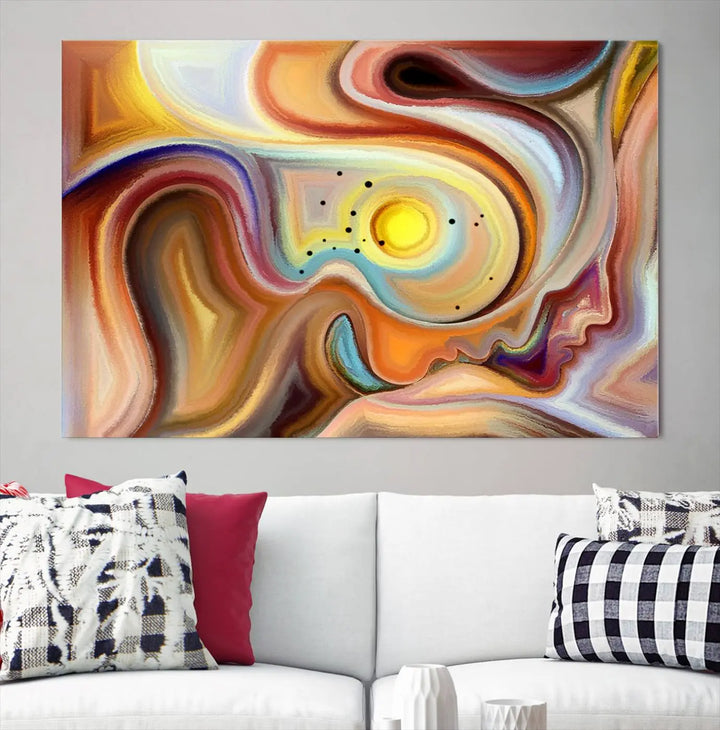 The "Colorful Abstract Human Figures Wall Art Canvas Print" features a triptych design with swirling colors in yellow, brown, and orange tones on gallery-wrapped, museum-quality canvases.