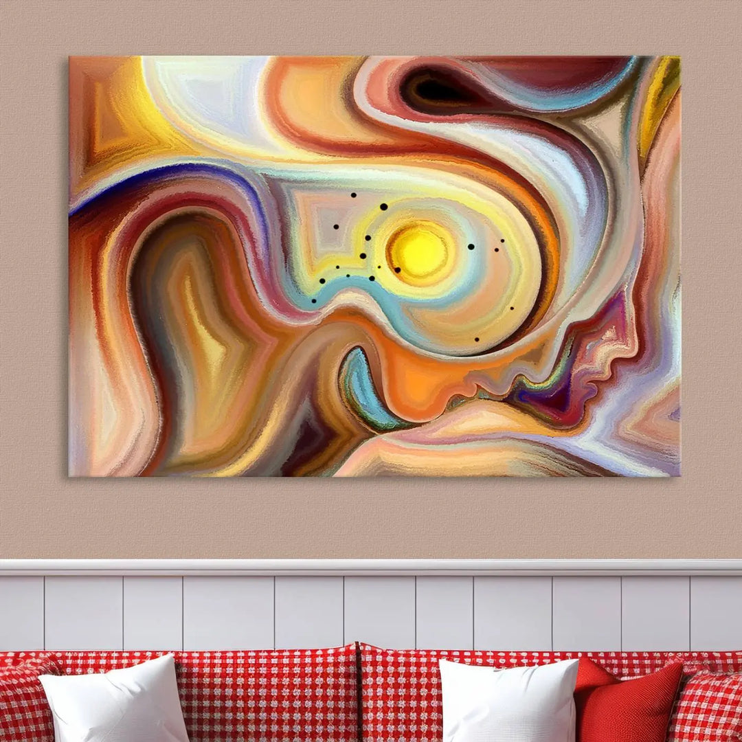 The "Colorful Abstract Human Figures Wall Art Canvas Print" features a triptych design with swirling colors in yellow, brown, and orange tones on gallery-wrapped, museum-quality canvases.