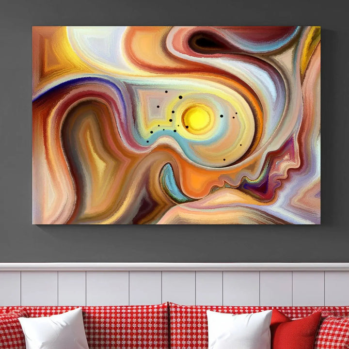 The "Colorful Abstract Human Figures Wall Art Canvas Print" features a triptych design with swirling colors in yellow, brown, and orange tones on gallery-wrapped, museum-quality canvases.