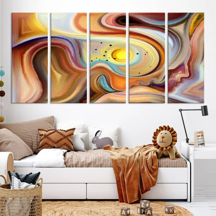 The "Colorful Abstract Human Figures Wall Art Canvas Print" features a triptych design with swirling colors in yellow, brown, and orange tones on gallery-wrapped, museum-quality canvases.