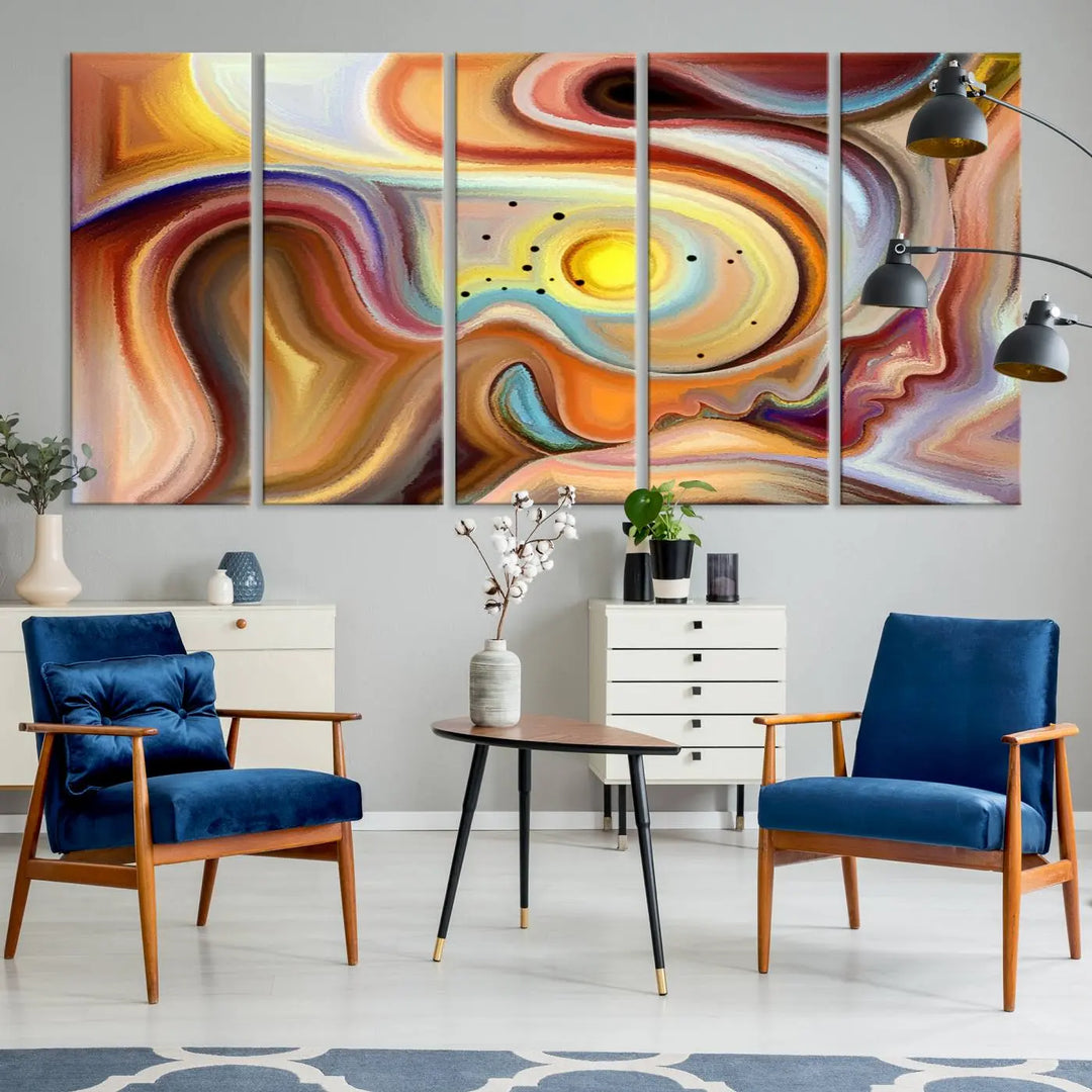 The "Colorful Abstract Human Figures Wall Art Canvas Print" features a triptych design with swirling colors in yellow, brown, and orange tones on gallery-wrapped, museum-quality canvases.