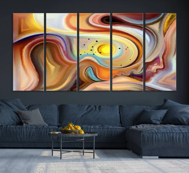 The "Colorful Abstract Human Figures Wall Art Canvas Print" features a triptych design with swirling colors in yellow, brown, and orange tones on gallery-wrapped, museum-quality canvases.