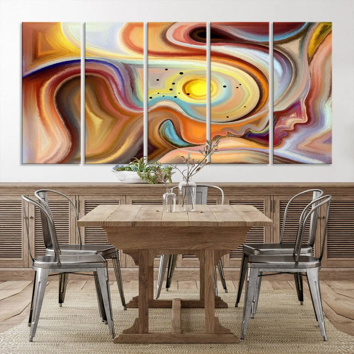 The "Colorful Abstract Human Figures Wall Art Canvas Print" features a triptych design with swirling colors in yellow, brown, and orange tones on gallery-wrapped, museum-quality canvases.