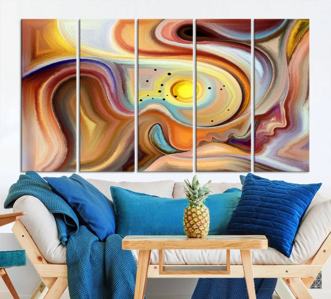 The "Colorful Abstract Human Figures Wall Art Canvas Print" features a triptych design with swirling colors in yellow, brown, and orange tones on gallery-wrapped, museum-quality canvases.