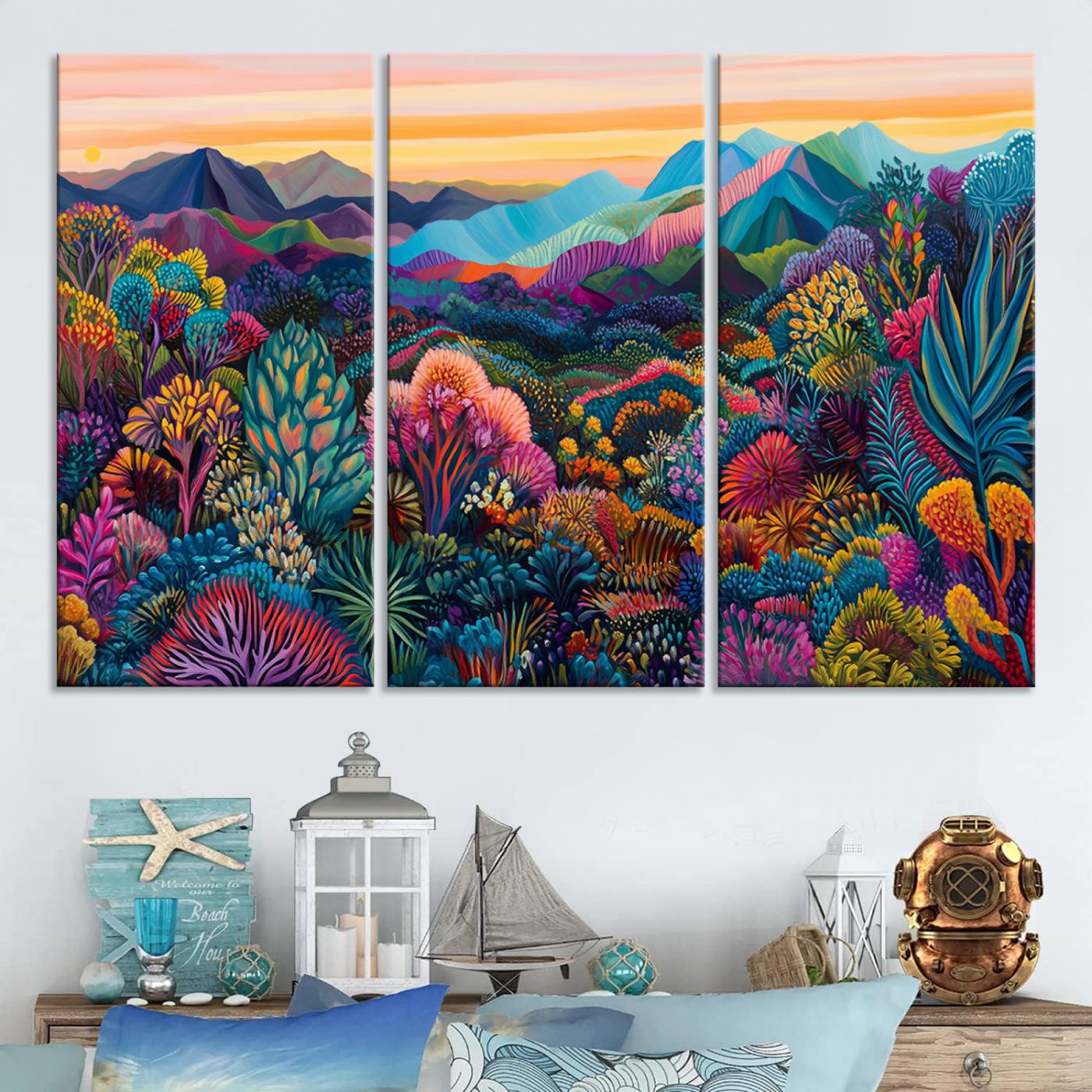 63728-MGV-CV-48X32-3P-Colorful Abstract Landscape Wall Art Print Canvas - Vibrant Modern Decor for Living Room, Office, or Bedroom, Ready to Hang