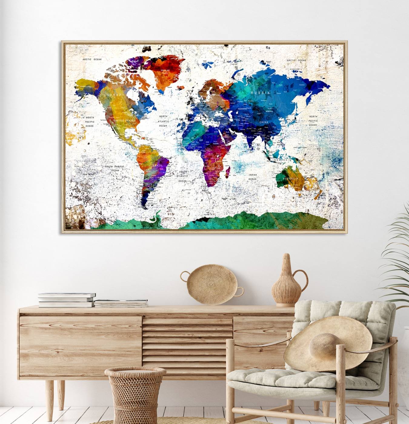 47974-MGV-CV-36X24-Colorful Abstract World Map Canvas Wall Art – Vibrant Contemporary Triptych Map Print – Framed Map Printing Decor for Living Room or Office