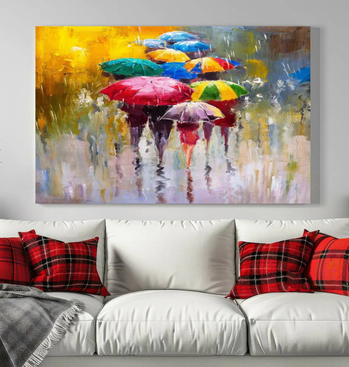 Featuring a vibrant depiction of people with umbrellas, the Colorful Canvas Painting of Umbrellas Wall Art is printed on museum-quality canvas. It arrives ready to hang and comes with a UV-protective coating to maintain its vivid colors over time.