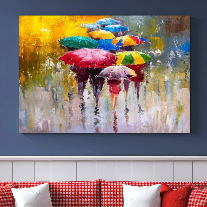 Featuring a vibrant depiction of people with umbrellas, the Colorful Canvas Painting of Umbrellas Wall Art is printed on museum-quality canvas. It arrives ready to hang and comes with a UV-protective coating to maintain its vivid colors over time.