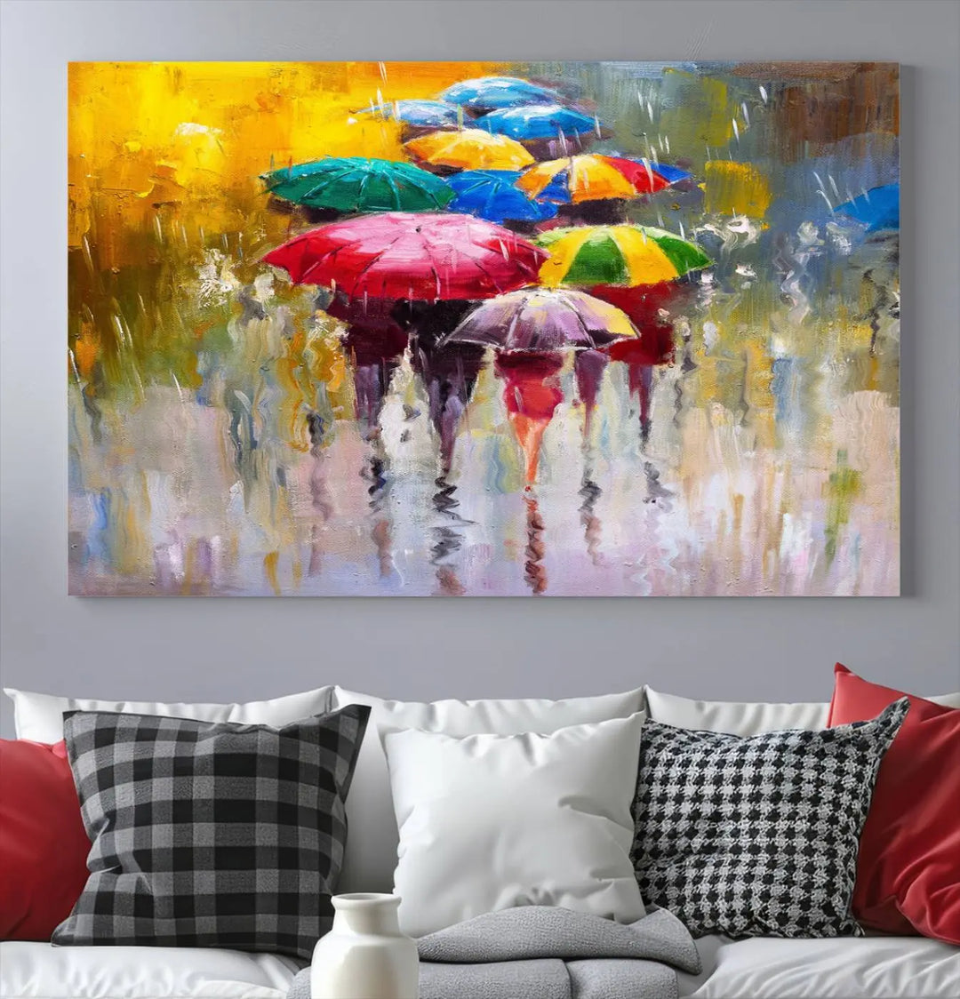 Featuring a vibrant depiction of people with umbrellas, the Colorful Canvas Painting of Umbrellas Wall Art is printed on museum-quality canvas. It arrives ready to hang and comes with a UV-protective coating to maintain its vivid colors over time.