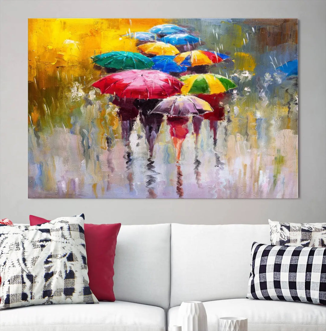 Featuring a vibrant depiction of people with umbrellas, the Colorful Canvas Painting of Umbrellas Wall Art is printed on museum-quality canvas. It arrives ready to hang and comes with a UV-protective coating to maintain its vivid colors over time.