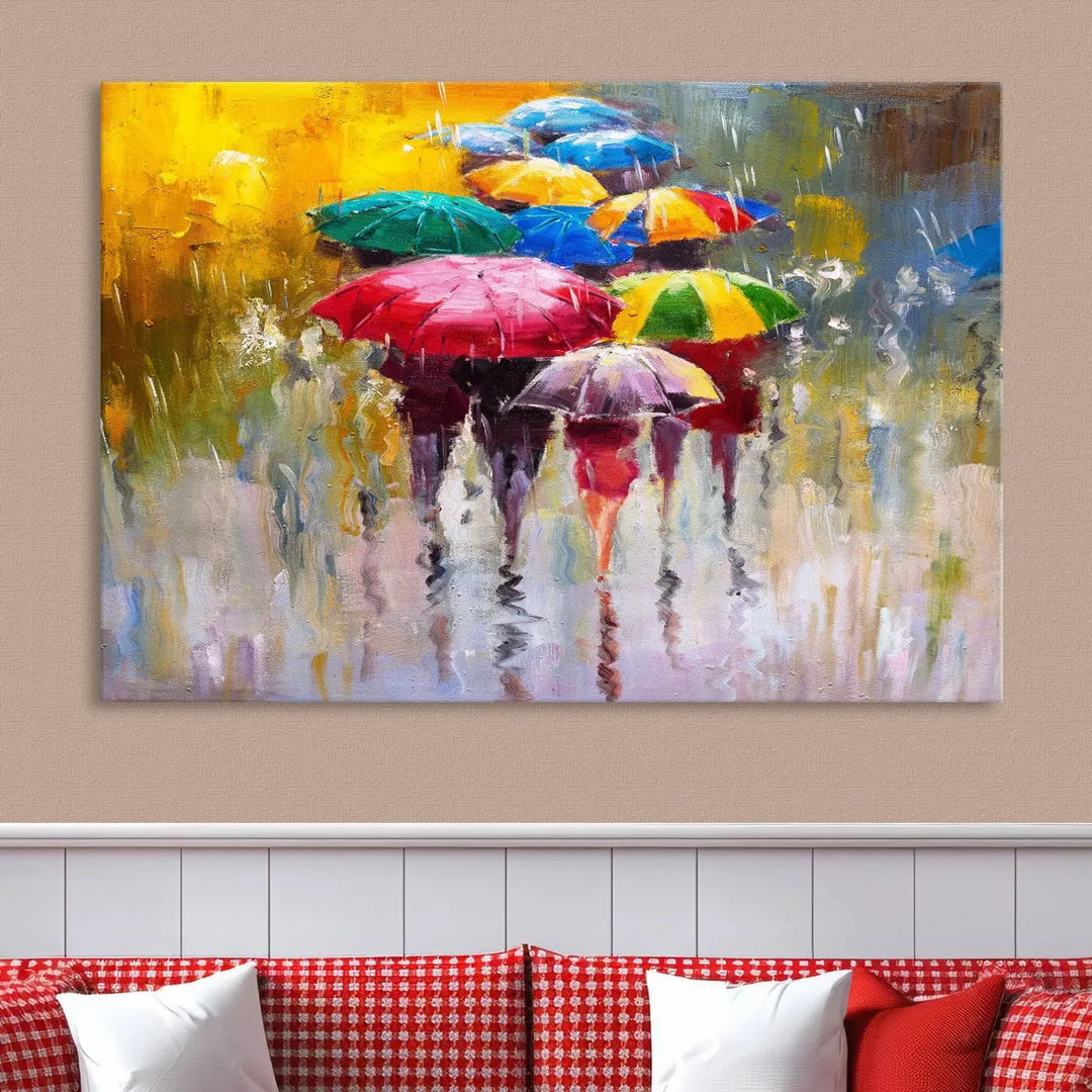 Featuring a vibrant depiction of people with umbrellas, the Colorful Canvas Painting of Umbrellas Wall Art is printed on museum-quality canvas. It arrives ready to hang and comes with a UV-protective coating to maintain its vivid colors over time.