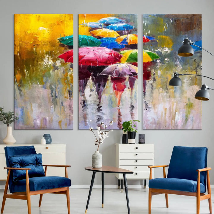 Featuring a vibrant depiction of people with umbrellas, the Colorful Canvas Painting of Umbrellas Wall Art is printed on museum-quality canvas. It arrives ready to hang and comes with a UV-protective coating to maintain its vivid colors over time.