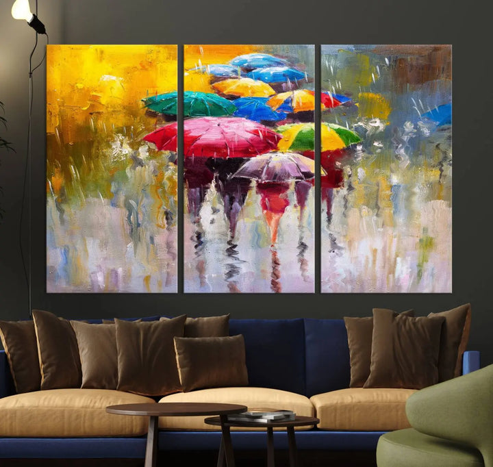 Featuring a vibrant depiction of people with umbrellas, the Colorful Canvas Painting of Umbrellas Wall Art is printed on museum-quality canvas. It arrives ready to hang and comes with a UV-protective coating to maintain its vivid colors over time.