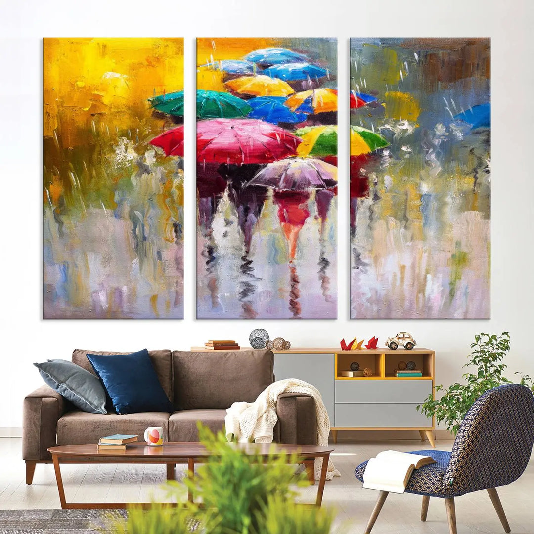 Featuring a vibrant depiction of people with umbrellas, the Colorful Canvas Painting of Umbrellas Wall Art is printed on museum-quality canvas. It arrives ready to hang and comes with a UV-protective coating to maintain its vivid colors over time.