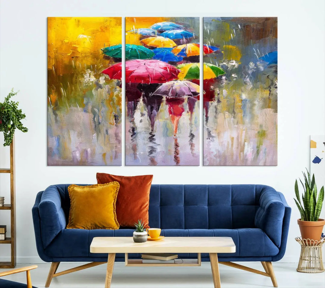 Featuring a vibrant depiction of people with umbrellas, the Colorful Canvas Painting of Umbrellas Wall Art is printed on museum-quality canvas. It arrives ready to hang and comes with a UV-protective coating to maintain its vivid colors over time.