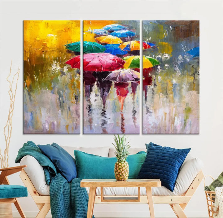 Featuring a vibrant depiction of people with umbrellas, the Colorful Canvas Painting of Umbrellas Wall Art is printed on museum-quality canvas. It arrives ready to hang and comes with a UV-protective coating to maintain its vivid colors over time.