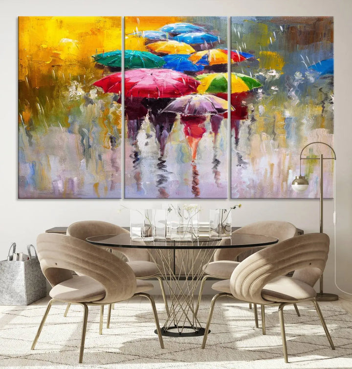 Featuring a vibrant depiction of people with umbrellas, the Colorful Canvas Painting of Umbrellas Wall Art is printed on museum-quality canvas. It arrives ready to hang and comes with a UV-protective coating to maintain its vivid colors over time.