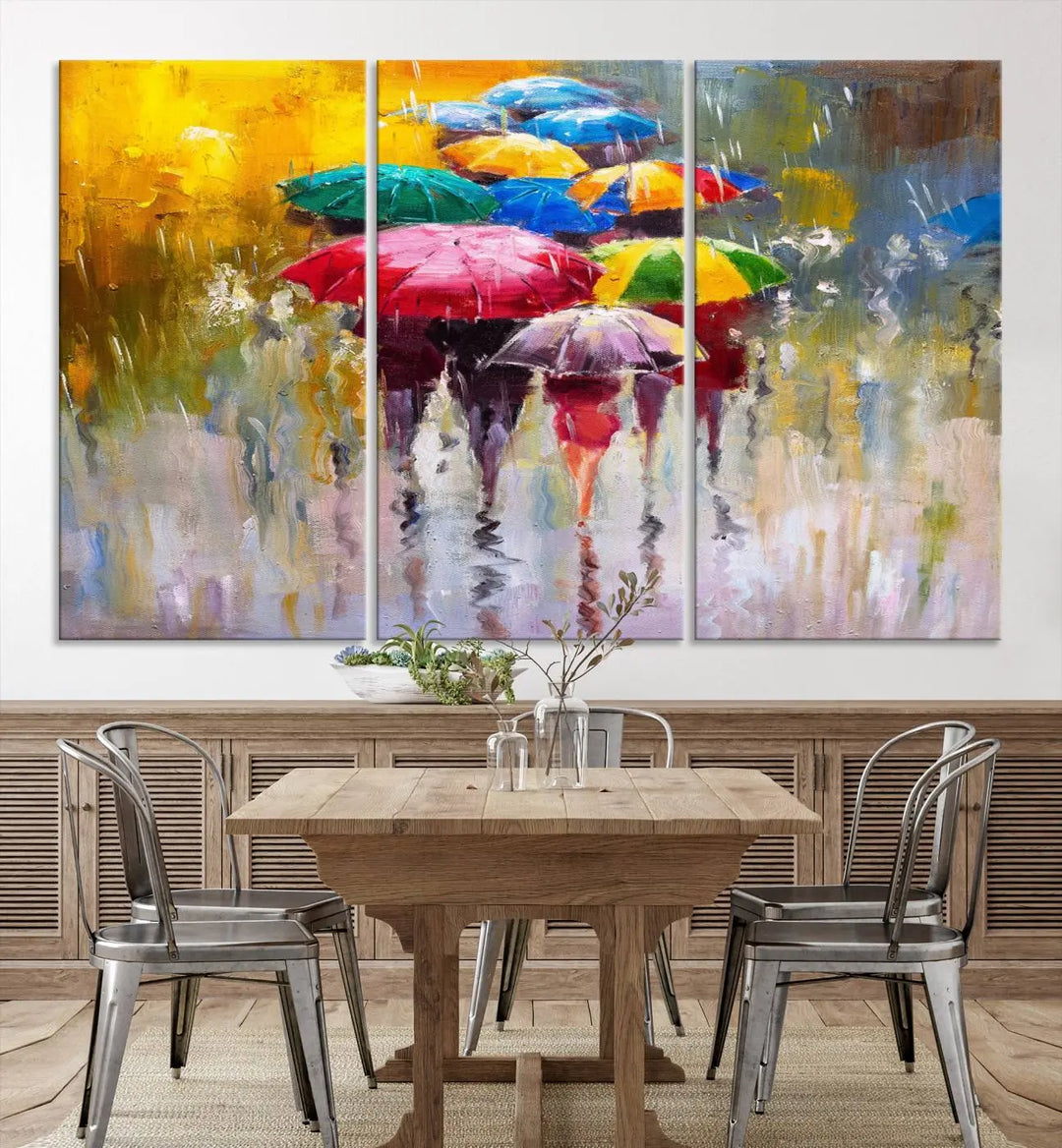 Featuring a vibrant depiction of people with umbrellas, the Colorful Canvas Painting of Umbrellas Wall Art is printed on museum-quality canvas. It arrives ready to hang and comes with a UV-protective coating to maintain its vivid colors over time.