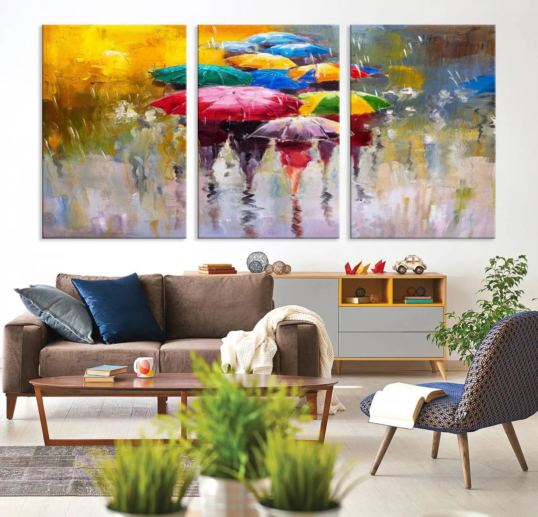 Featuring a vibrant depiction of people with umbrellas, the Colorful Canvas Painting of Umbrellas Wall Art is printed on museum-quality canvas. It arrives ready to hang and comes with a UV-protective coating to maintain its vivid colors over time.