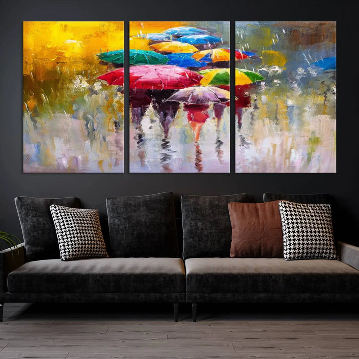 Featuring a vibrant depiction of people with umbrellas, the Colorful Canvas Painting of Umbrellas Wall Art is printed on museum-quality canvas. It arrives ready to hang and comes with a UV-protective coating to maintain its vivid colors over time.