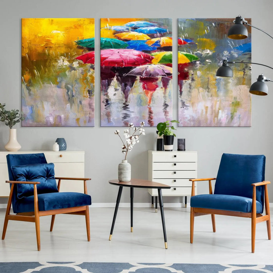 Featuring a vibrant depiction of people with umbrellas, the Colorful Canvas Painting of Umbrellas Wall Art is printed on museum-quality canvas. It arrives ready to hang and comes with a UV-protective coating to maintain its vivid colors over time.