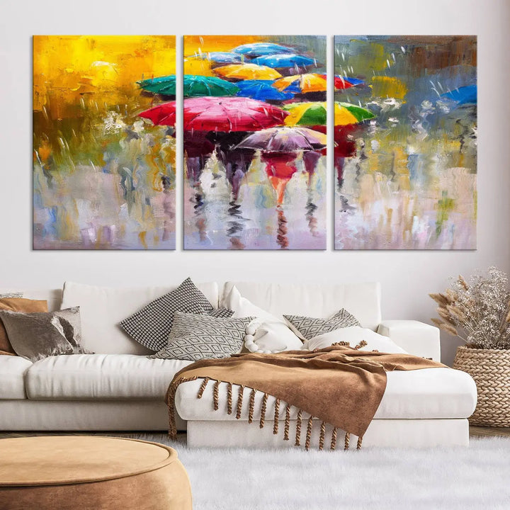 Featuring a vibrant depiction of people with umbrellas, the Colorful Canvas Painting of Umbrellas Wall Art is printed on museum-quality canvas. It arrives ready to hang and comes with a UV-protective coating to maintain its vivid colors over time.