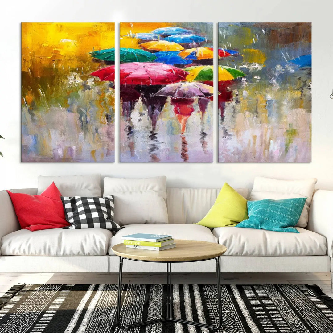 Featuring a vibrant depiction of people with umbrellas, the Colorful Canvas Painting of Umbrellas Wall Art is printed on museum-quality canvas. It arrives ready to hang and comes with a UV-protective coating to maintain its vivid colors over time.