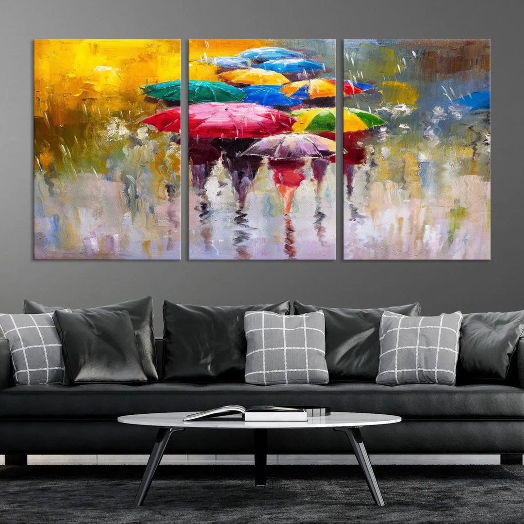 Featuring a vibrant depiction of people with umbrellas, the Colorful Canvas Painting of Umbrellas Wall Art is printed on museum-quality canvas. It arrives ready to hang and comes with a UV-protective coating to maintain its vivid colors over time.