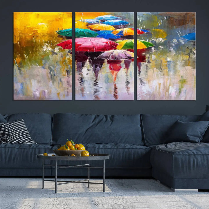 Featuring a vibrant depiction of people with umbrellas, the Colorful Canvas Painting of Umbrellas Wall Art is printed on museum-quality canvas. It arrives ready to hang and comes with a UV-protective coating to maintain its vivid colors over time.