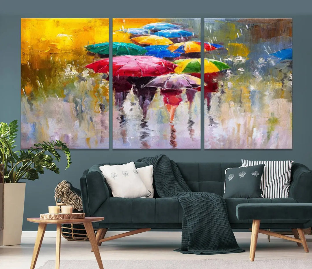 Featuring a vibrant depiction of people with umbrellas, the Colorful Canvas Painting of Umbrellas Wall Art is printed on museum-quality canvas. It arrives ready to hang and comes with a UV-protective coating to maintain its vivid colors over time.