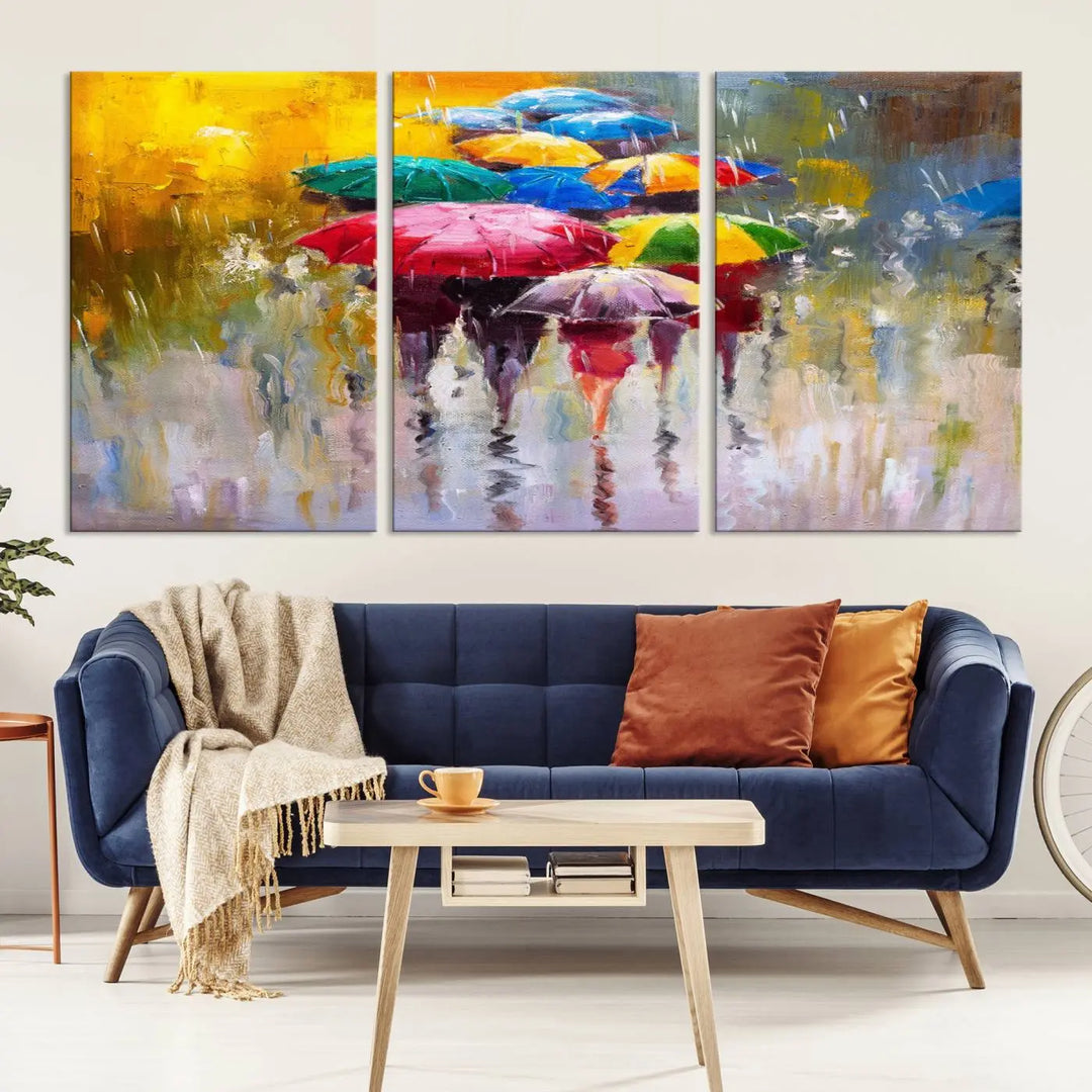 Featuring a vibrant depiction of people with umbrellas, the Colorful Canvas Painting of Umbrellas Wall Art is printed on museum-quality canvas. It arrives ready to hang and comes with a UV-protective coating to maintain its vivid colors over time.